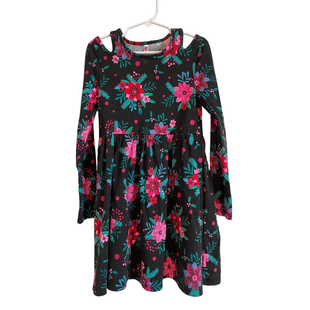 Fab Kids Holiday dress black red poinsettia cold shoulder casual Size 6-7 Small